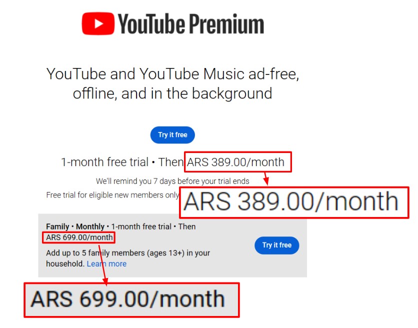 youtube premium via argentina