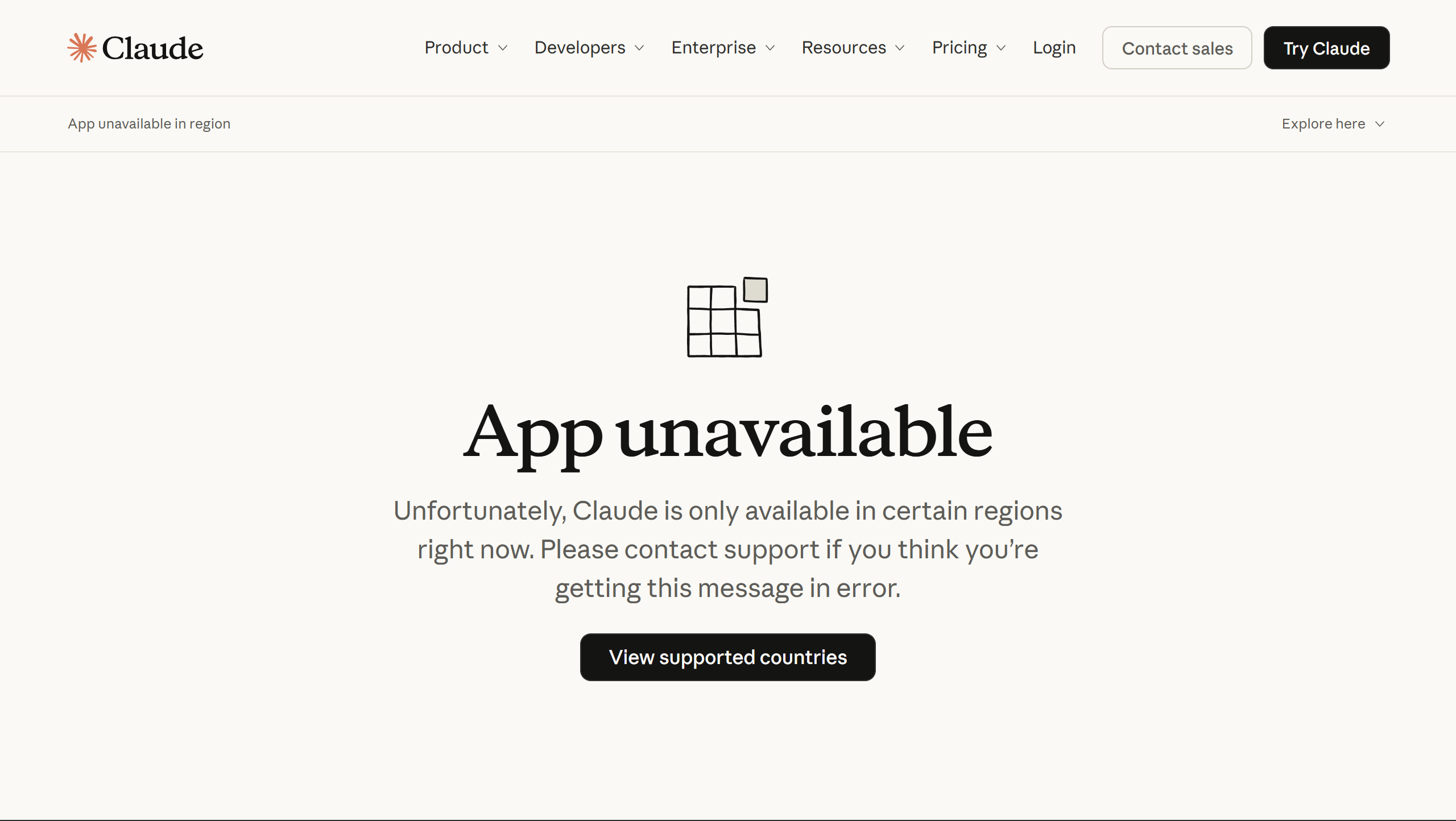 Claude's App unavailable page shown from an unsupported region