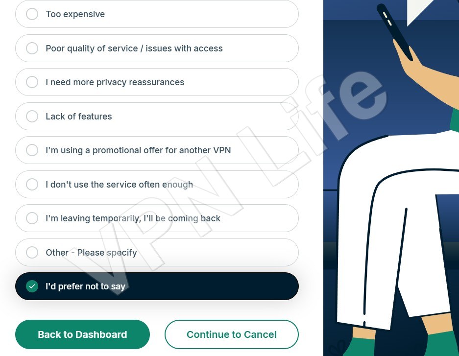 ExpressVPN cancellation step: choose a reason and click 