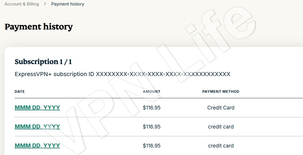 ExpressVPN refund step: Payment history list